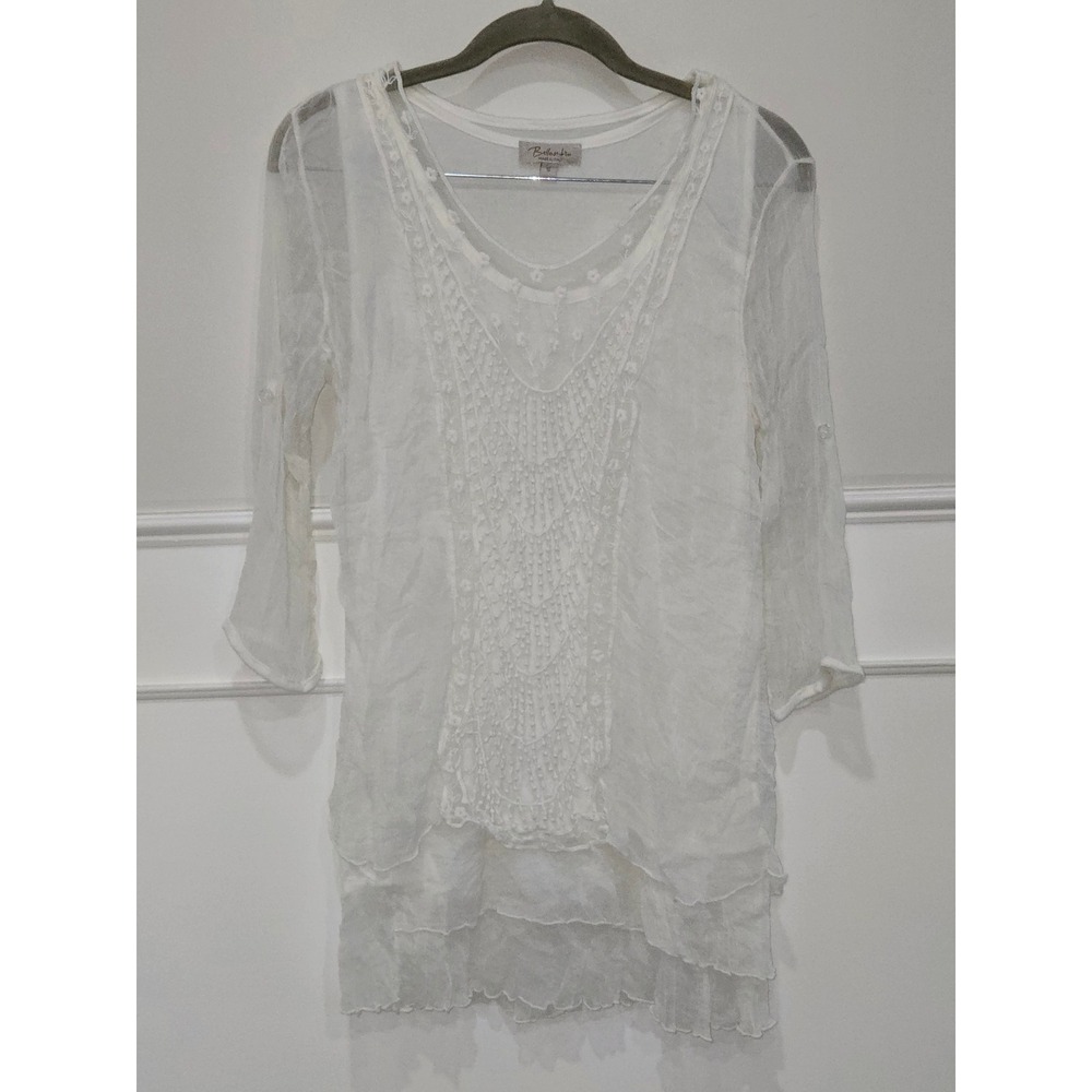 Bellambra White Silk Crochet Layered Tunic Top Made in Italy Small Boho Romantic